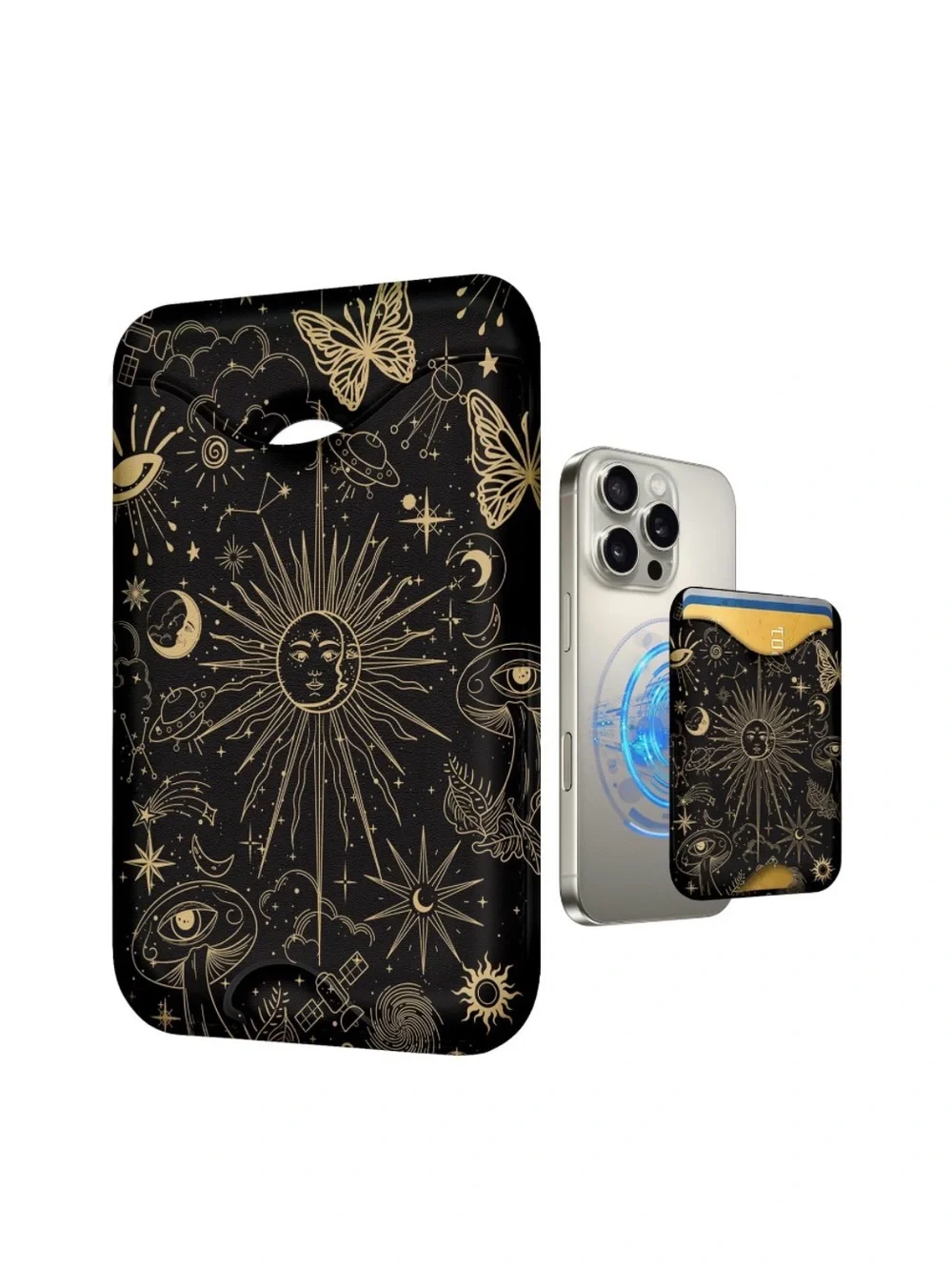 Slim Card Holder Phone Case - Black & Gold Celestial Design